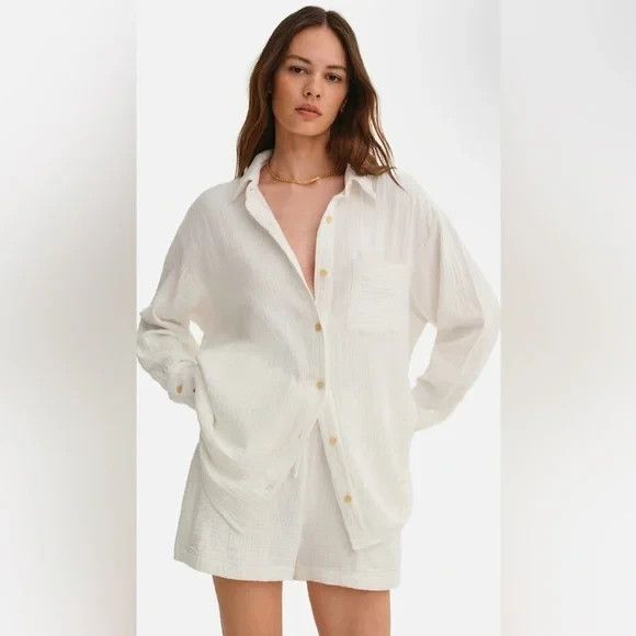 MATE The Label 100% Organic Cotton Gauze Button Down Shirt WHITE SZ M NWOT - Picture 1 of 7
